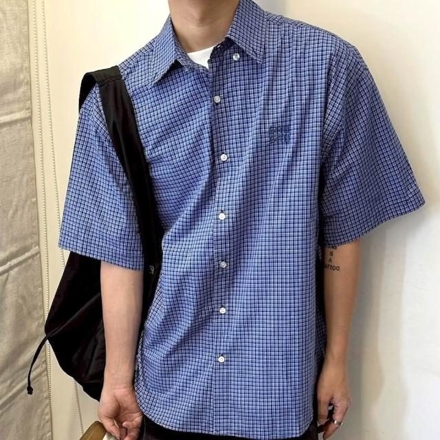 【AMERO】男裝 女裝 短袖格子襯衫(男裝 女裝 短袖格子襯衫 繡花logo 寬鬆)