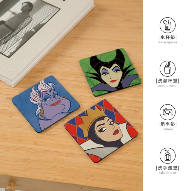【收納王妃】反派軟式珪藻土方形杯墊10*10cm 迪士尼 杯墊 反派公主 防水墊(2入/組)