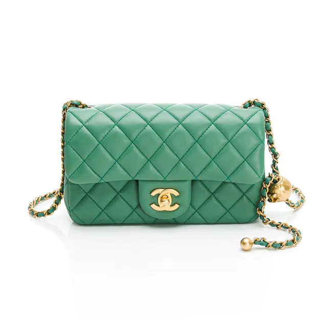 【CHANEL 香奈兒】經典雙C LOGO菱格紋小羊皮金球鏈帶翻蓋轉釦斜背包(抹茶綠)
