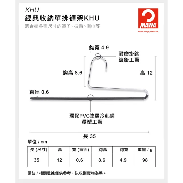 【MAWA】德國原裝進口時尚經典收納單排褲架35cm白色/10入