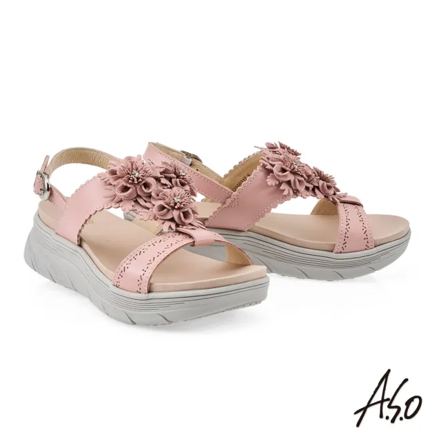【A.S.O 阿瘦集團】A.S.O 舒活美型系列-水鑽花朵真皮休閒涼鞋(女鞋_3色任選)