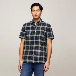 【TOMMY HILFIGER】官方旗艦館 格子彈性短袖牛津襯衫_藍色