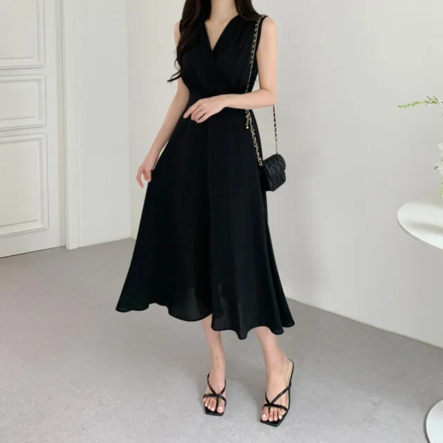 【baibeauty 白鳥麗子】法式優雅交叉抓摺綁帶收腰V領無袖洋裝(連身裙)