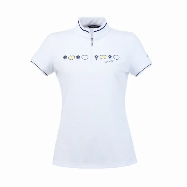 【PING】女款胸前印花吸濕排汗短袖立領上衣-白(GOLF/高爾夫球衫/RA25122-87)