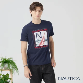 【NAUTICA】官方旗艦 男裝  科技感金屬色LOGO短袖T恤(深藍色)