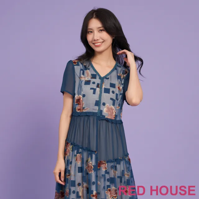 【RED HOUSE 蕾赫斯】不對稱剪接幾何花朵印花洋裝(深藍色)