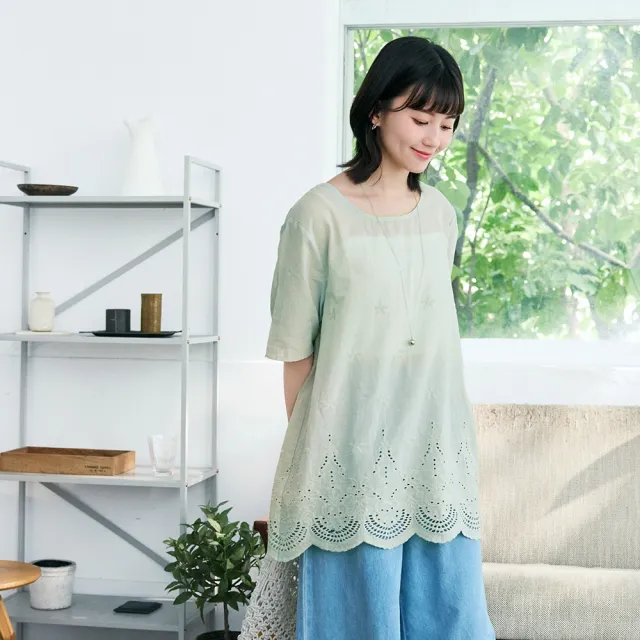 【OB 嚴選】日系純棉立體刺繡蕾絲燒花寬鬆上衣 《AB20260》