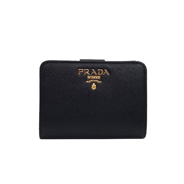 【PRADA 普拉達】1ML018 金色 經典印字 黑(雙開 拉鍊零錢袋短夾)