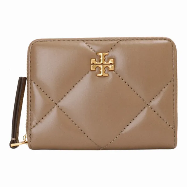 【TORY BURCH】金屬雙T 皮革ㄇ型拉鍊短夾(奶茶色)