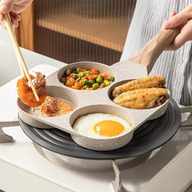 【鼎匠】升級版★雞蛋漢堡鍋 早餐煎鍋 4孔圓型 麥飯石不沾平底鍋(米白四格煎荷包蛋器模具玉子燒IH電磁爐)