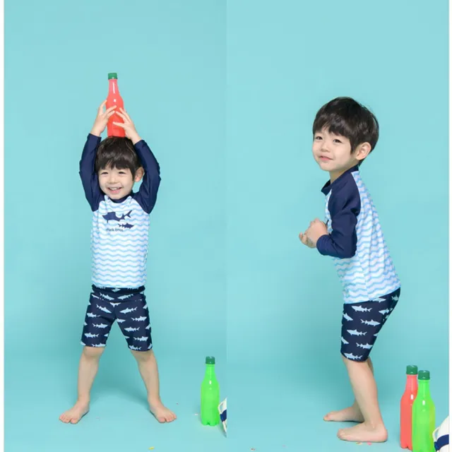 【橘魔法】海浪鯊魚防曬泳衣+五分泳褲+泳帽(3件式 泳裝 玩水褲 兒童水母衣 長袖泳衣 男童 兒童 童裝)