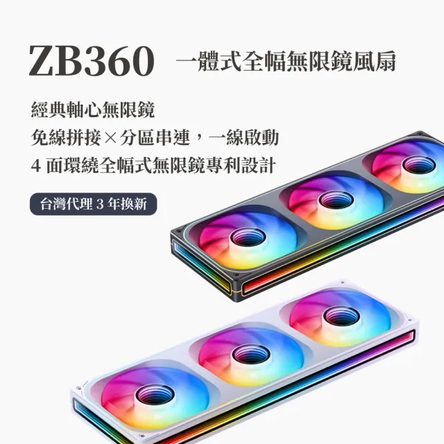 【JONSBO 喬思伯】ZB360 ARGB Gen1 一體式全幅無限鏡風扇 黑/白(3年換新/模組化接頭)