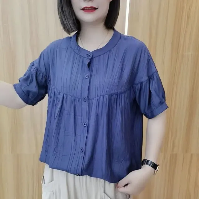 【AKARA】棉麻皺摺拼接短袖圓領襯衫上衣(4XL有做/ 亞麻布料 手感乾爽/中大尺碼)