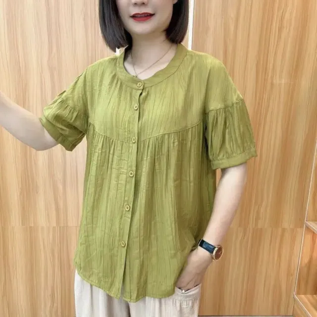 【AKARA】棉麻皺摺拼接短袖圓領襯衫上衣(4XL有做/ 亞麻布料 手感乾爽/中大尺碼)
