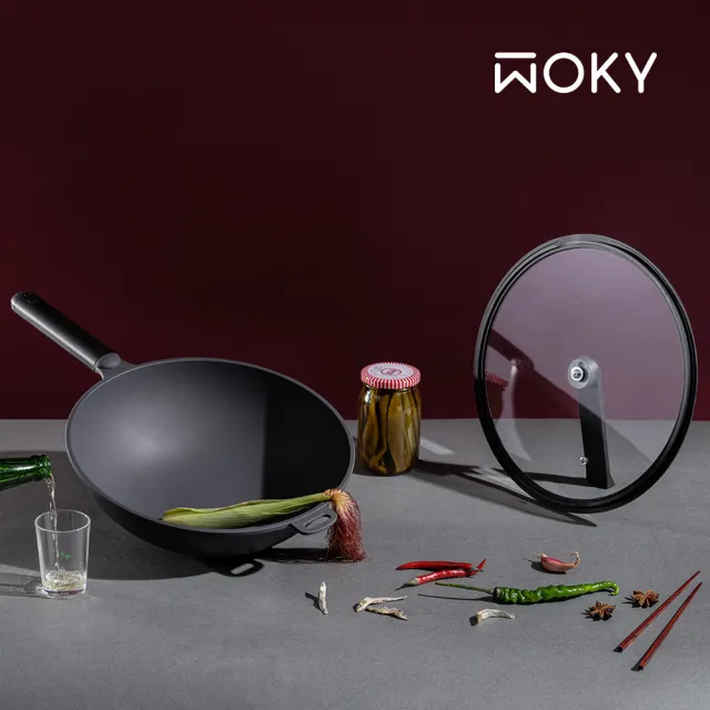 【WOKY 沃廚】恰恰鍋32CM炒鍋四件組(含鍋蓋+集水鍋架+鍋刷/無塗層不沾鍋)