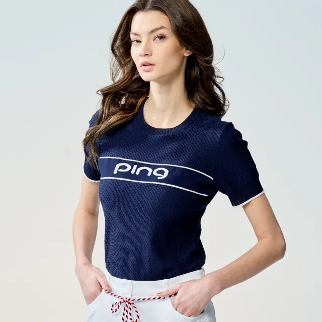 【PING】女款LOGO圓領休閒薄款針織衫-深藍(GOLF/高爾夫球衫/RH25121-58)