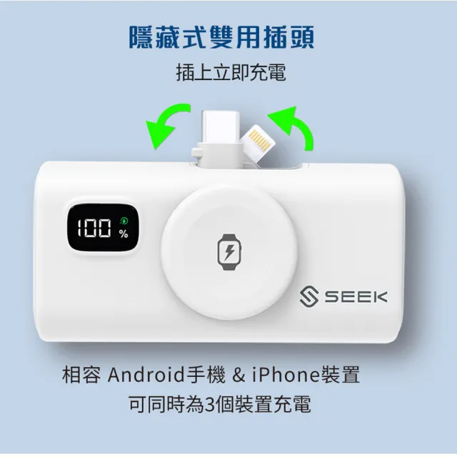 【SEEK】2入組 5000mAh 三合一迷你快充口袋電源Pro PW-517(Type-C及Lightning雙接頭、手錶無線充電)