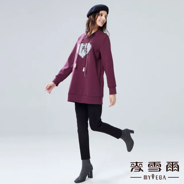 【MYVEGA 麥雪爾】厚磅棉質愛心亮片抽繩長版上衣-紫(復古T/)