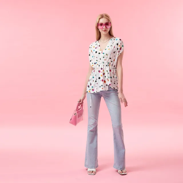 【ICHE 衣哲】Cop.Copine 法國原裝進口微甜白底彩點綁結上衣