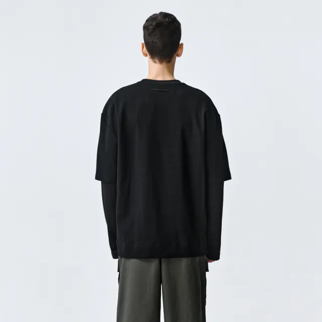 【ARVOpm】男女同款 黑色拉鍊口袋假兩件寬版T恤00202410108(指定品限時5折)