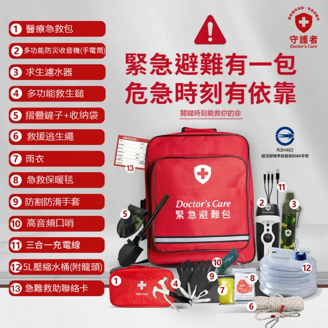 【守護者-緊急避難包+急救包】不斷電LED+警報收音機+SGS濾水器最專業地震防災包(避難帶了就走 自救也救人)