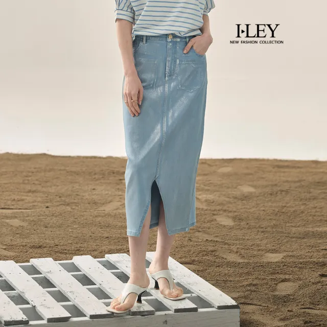 【ILEY 伊蕾】個性金屬刷色棉質牛仔裙(淺藍；M-XL；1252478201)
