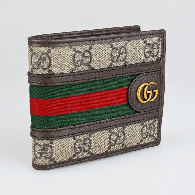 【GUCCI 古馳】GUCCI Ophidia 金屬雙G LOGO塗層帆布拼接皮革對折短夾(米/烏木)