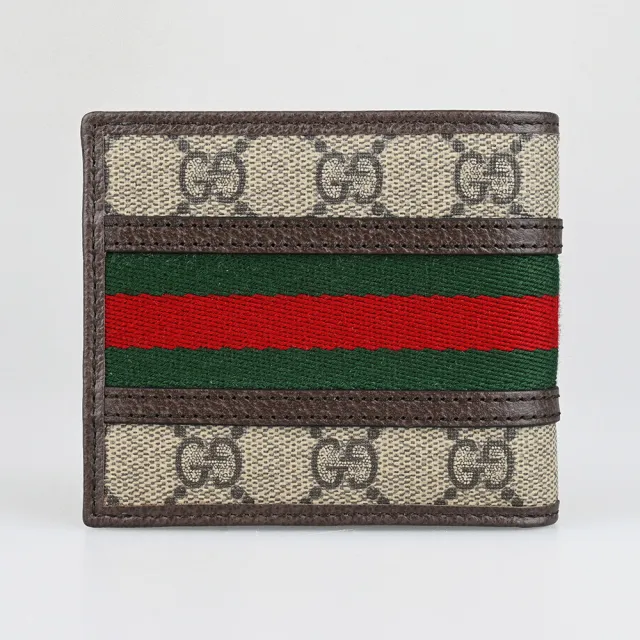 【GUCCI 古馳】GUCCI Ophidia 金屬雙G LOGO塗層帆布拼接皮革對折短夾(米/烏木)