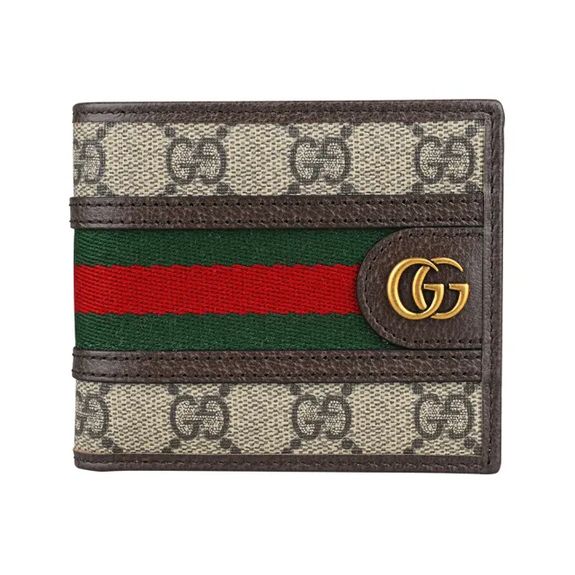 【GUCCI 古馳】GUCCI Ophidia 金屬雙G LOGO塗層帆布拼接皮革對折短夾(米/烏木)