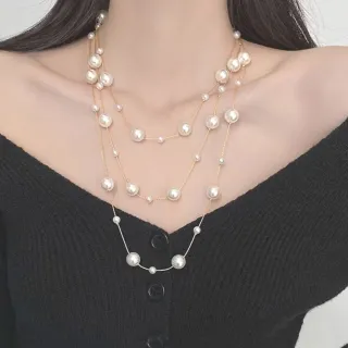 【高級感必備】法式浪漫雙層珍珠毛衣鍊長項鍊(穿搭配件 秋冬 婚禮 洋裝 禮服 女 長鏈)