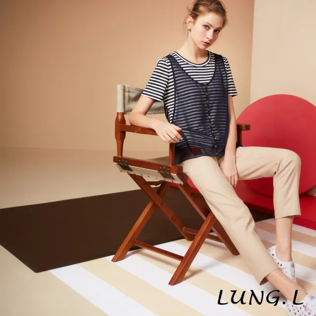 【LUNG.L 林佳樺】LS84A 藍白條拼接雪紡背心假二件棉質短袖女裝上衣(春夏新品 加大尺碼)