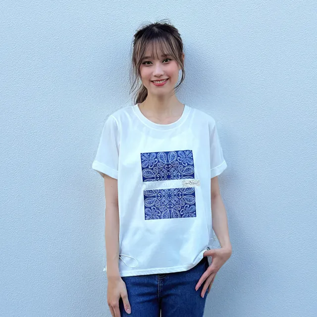 【Hana Mokuba】花木馬日系女裝圓領圖騰印花兩側收口上衣(T恤)