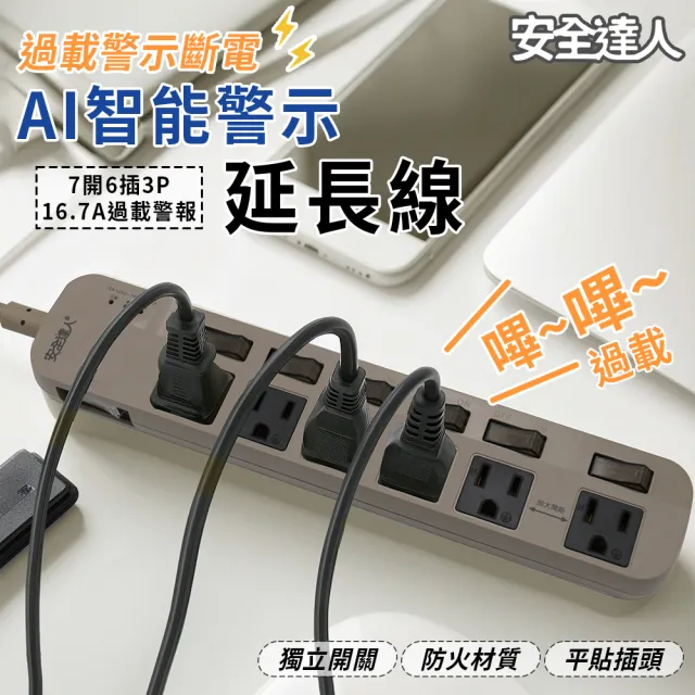 2入組 智慧過載警示器 7開6插3P延長線-1.8米-S-63WF(防雷突波 安全裝置 警示器 PD插座)