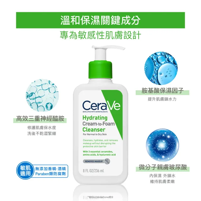 【CeraVe適樂膚】超值三入組★溫和洗卸泡沫潔膚乳 236ml(洗臉卸妝)