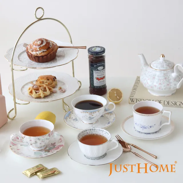 【Just Home】骨瓷咖啡杯盤12件禮盒組附收納架(附禮盒 多款花色可選 入厝送禮 辦公室 新居落成)