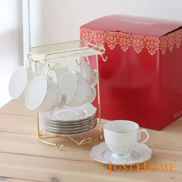 【Just Home】骨瓷咖啡杯盤12件禮盒組附收納架(附禮盒 多款花色可選 入厝送禮 辦公室 新居落成)