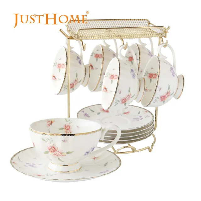【Just Home】骨瓷咖啡杯盤12件禮盒組附收納架(附禮盒 多款花色可選 入厝送禮 辦公室 新居落成)