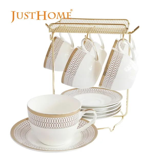 【Just Home】骨瓷咖啡杯盤12件禮盒組附收納架(附禮盒 多款花色可選 入厝送禮 辦公室 新居落成)