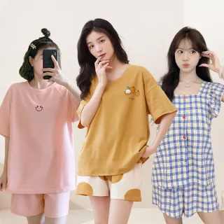 【Chic Chic 琪琪】1套組-多款任選-輕柔居家棉質舒適睡衣/睡裙(短袖睡衣/居家服/可愛睡衣/帶胸墊/家居服)