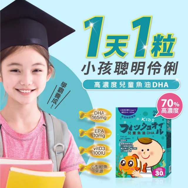 【mamacare 孕哺兒】小兒專用 兒童魚油DHA★小魚造型咀嚼軟膠囊30粒/盒(聰明智慧補給)