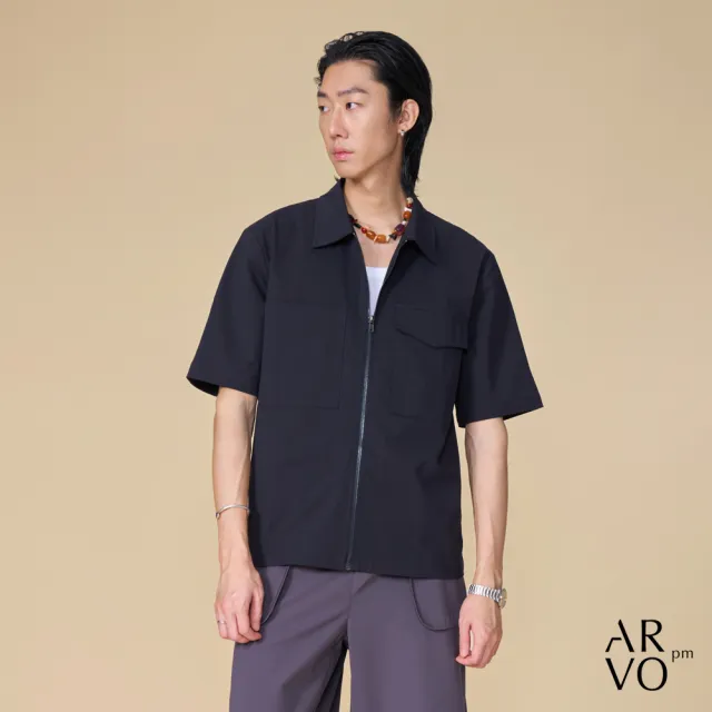 【ARVOpm】男女同款 藏青前開式拉鍊短袖襯衫00092502102(限時6折)