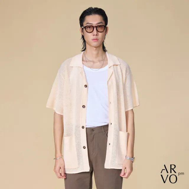 【ARVOpm】男女同款 翻領杏色針織短袖開襟上衣00192505103(限時6折)