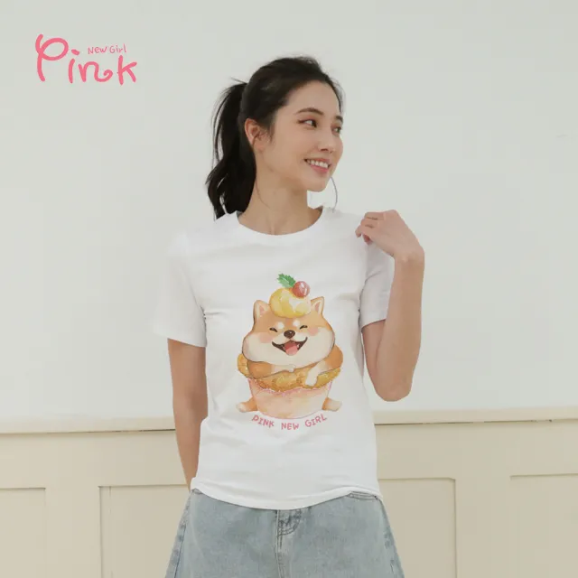 【PINK NEW GIRL】淘氣短毛貓蛋糕插畫風舒棉T(2色)