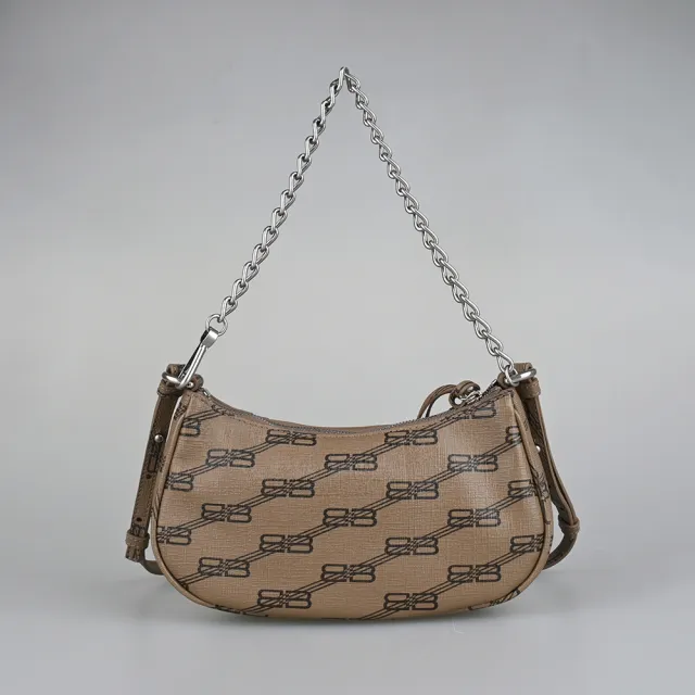 【Balenciaga 巴黎世家】BALENCIAGA Le Cagole 內壓印LOGO雙B造型PVC金屬釦飾鍊帶兩用包(迷你/淺咖啡)