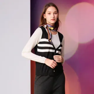 【GLORY21】速達-網路獨賣款-知性V領假兩件式條紋針織上衣(黑色)