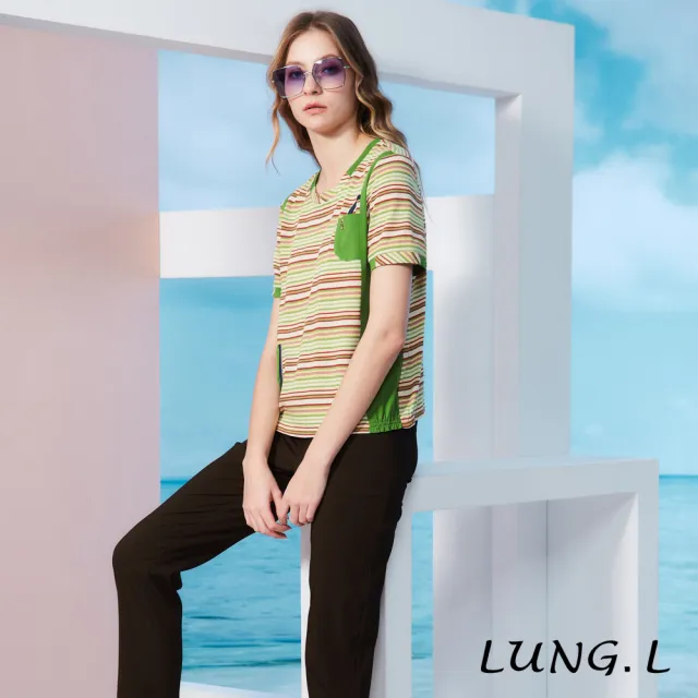【LUNG.L 林佳樺】LS86A 綠色彩條拼接素色口袋短袖棉質女裝上衣(春夏新品)