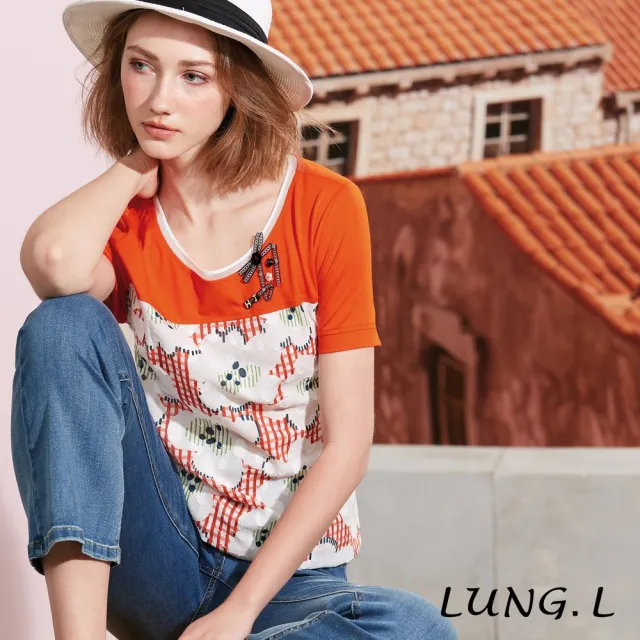 【LUNG.L 林佳樺】LS43A 橘色拼接花朵印花短袖棉質女裝上衣(春夏新品 加大尺碼)