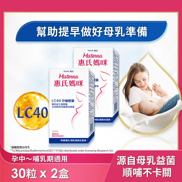 即期品【惠氏媽咪】LC40親和孕哺膠囊2入(30粒/瓶)