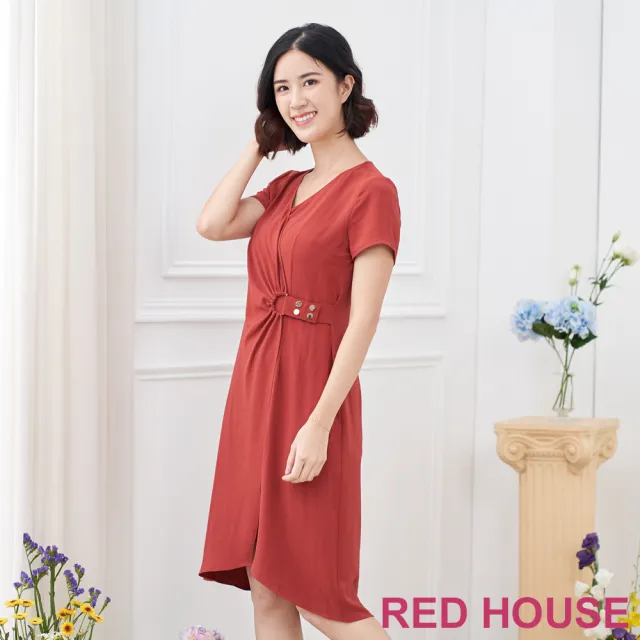 【RED HOUSE 蕾赫斯】V領素面釦環洋裝(磚紅色)