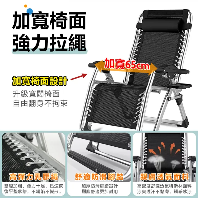 折疊躺椅含棉墊 無段式高承重透氣休閒躺椅(附杯架頭枕 躺椅 折疊椅 摺疊躺椅)